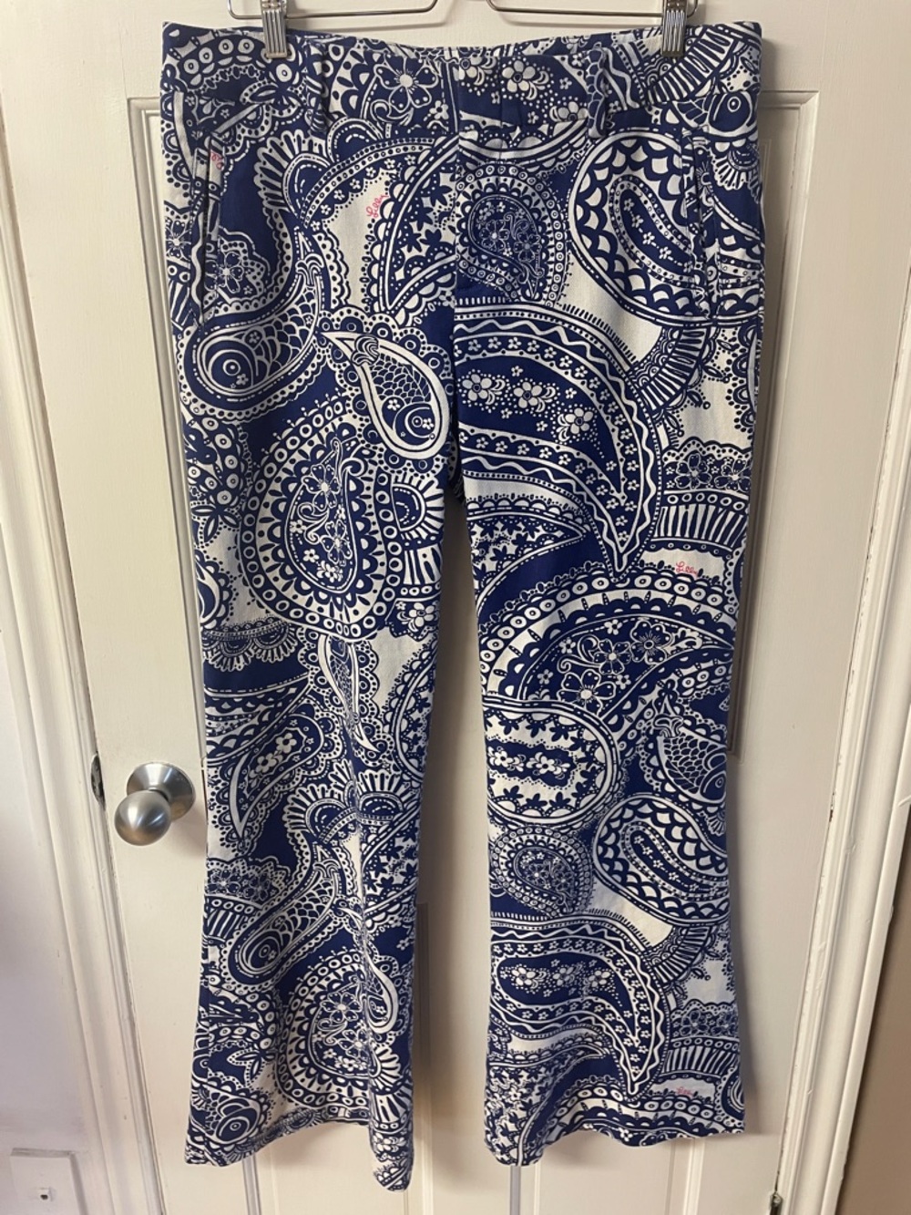 Lilly Pulitzer Navy & White Paisley Design Boot Cut Pants women’s size 12